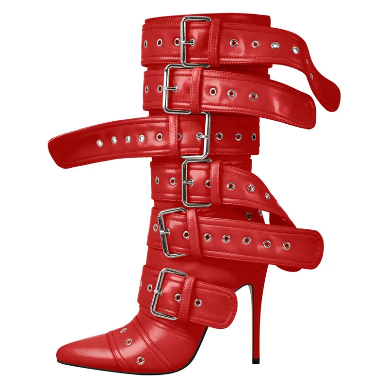 Pointed Toe Mid-Calf Boots Buckle Strap Thin High Heel