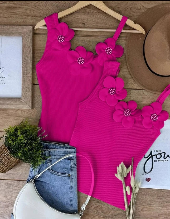 Summer Fashion Floral Pattern Beaded Decor Casual U-Neck Plain Sleeveless Tight Fitting Daily Knit Tank Top