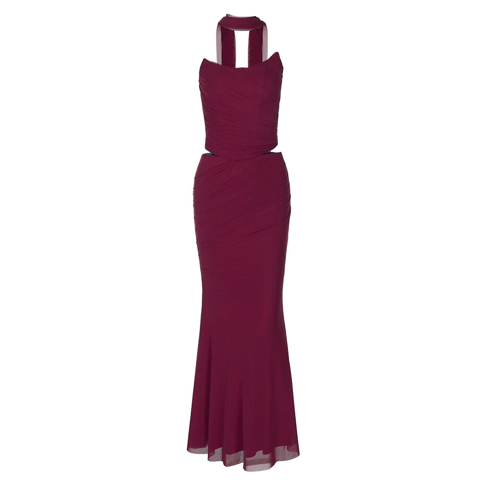 Elegant Sexy Cropped Top and Long Dress Set with Scarf