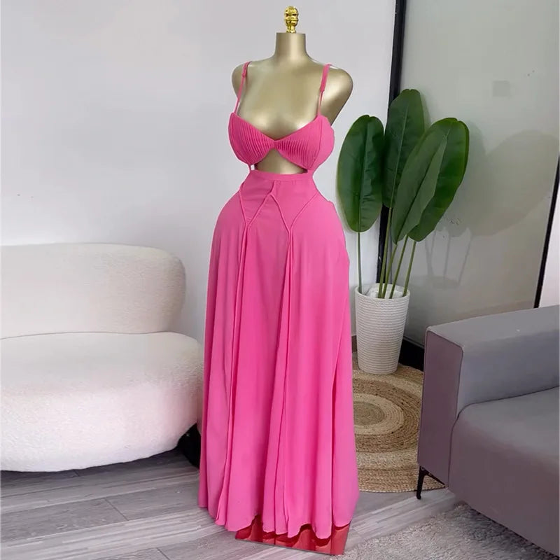 Floral Printed Strap Backless Bra Front Big Swing Maxi  Dress