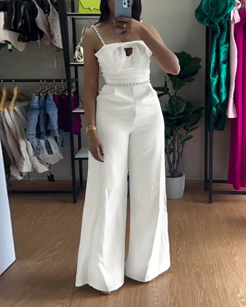 New Bandeau Beaded Spaghetti Strap Bowknot Design Ruched Slim Fit Jumpsuit