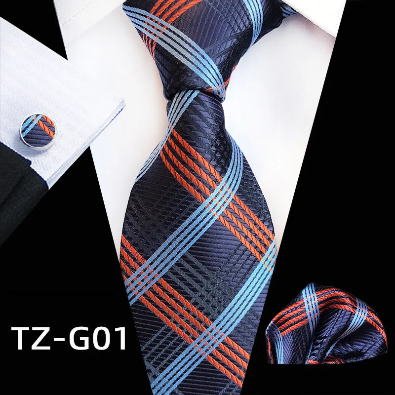 Orange Novelty Ties Plaid Flower Design Wedding Necktie Hanky Cufflinks