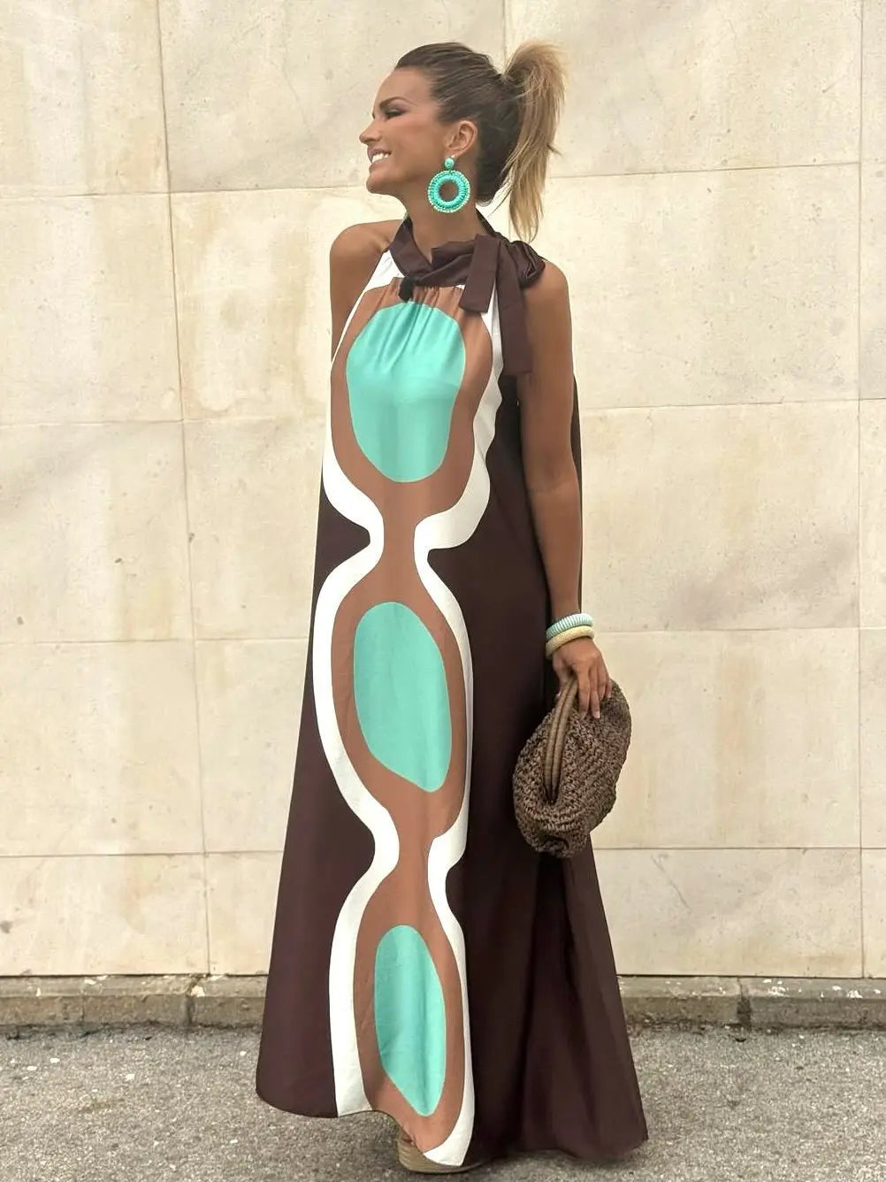 Casual Print Halter Neck Lace‑Up Maxi Dress