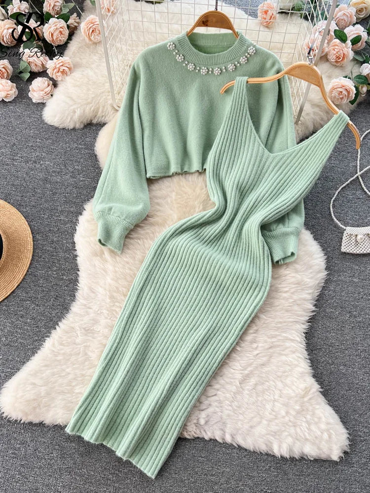 Winter Knitted Fashion Breading Long Sleeve Pearl Sweater+Knitted Camis Dress Sets