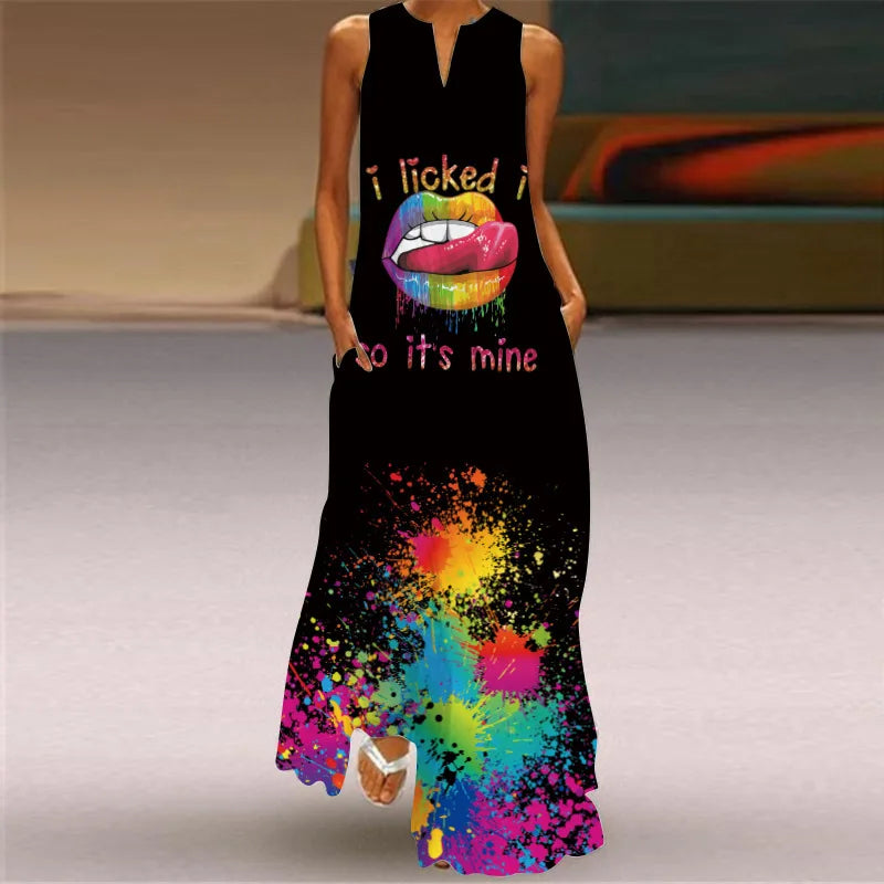 Summer Dress Sleeveless V Neck Floral Letter Print Maxi Long Dresses