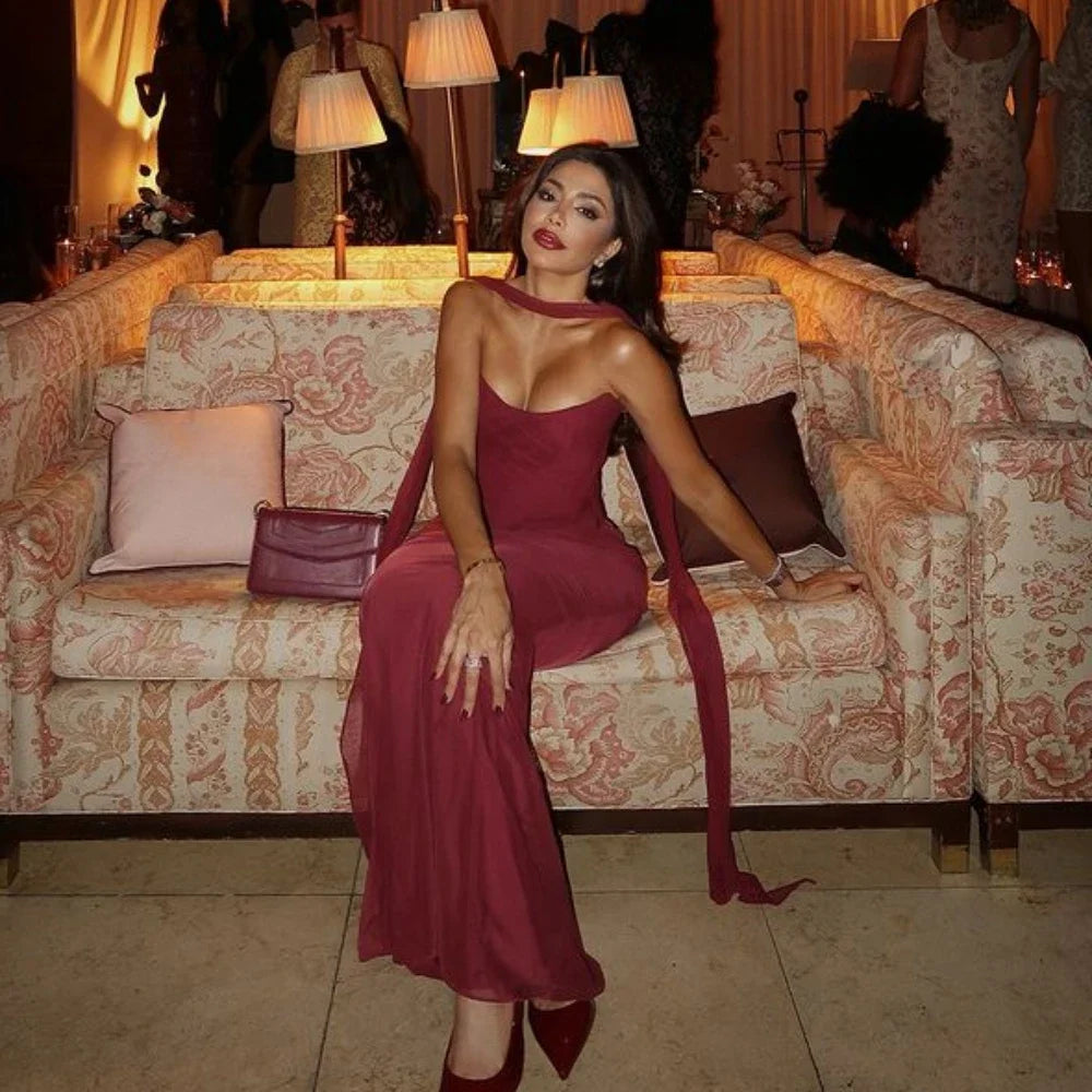Elegant Sexy Cropped Top and Long Dress Set with Scarf