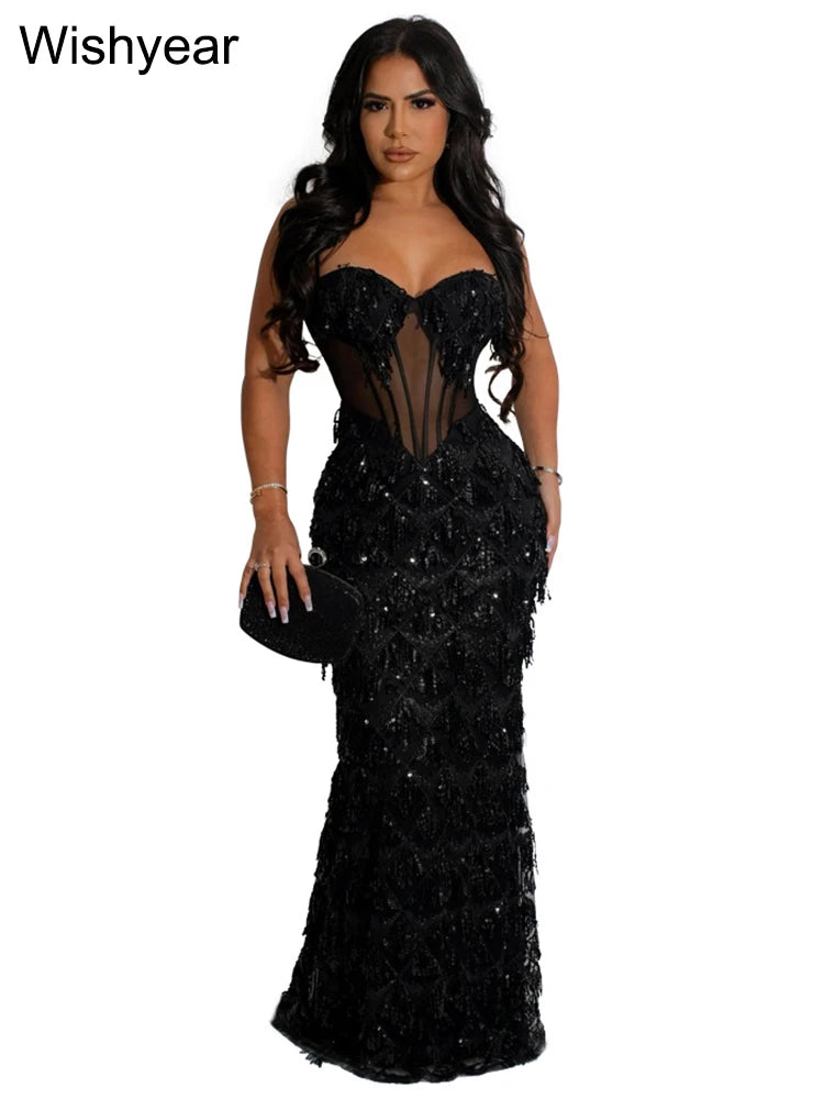 Sequined Spaghetti Strap Mesh Patchwork Bodycon Dress