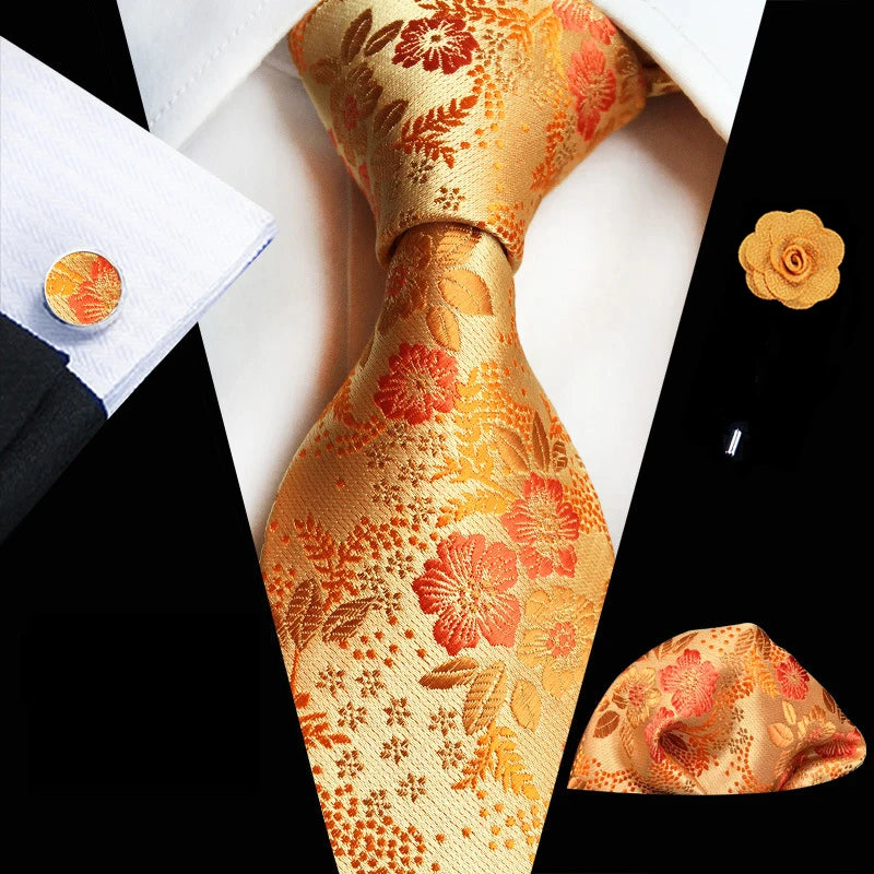 Floral  Neck Tie Set Handkerchief Brooch Cufflinks Men Accessories