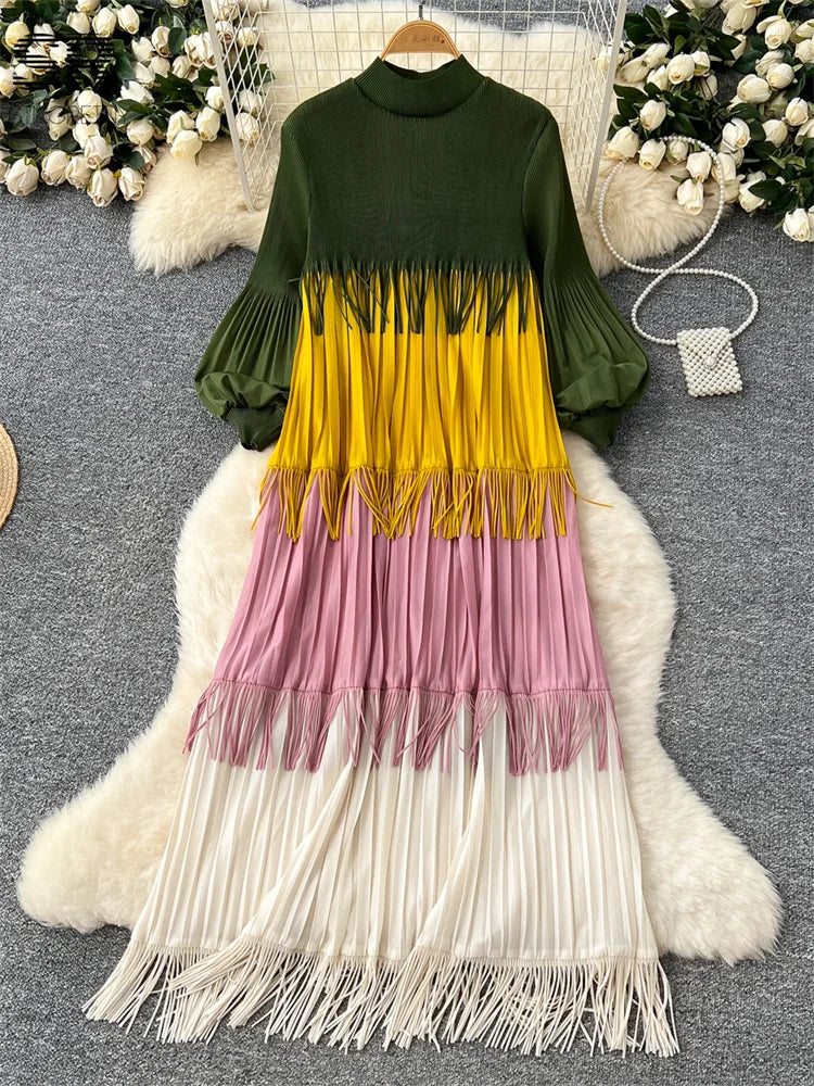 Multicolor Spring Loose Lantern Sleeve O Neck Vintage Tassel  Long Dresses