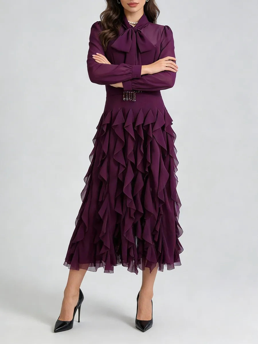 Solid Sheer Spliced Stand Neck Long Sleeves Tunic Patchwork Bow Dress