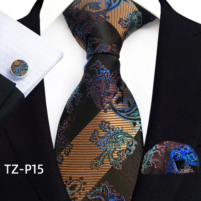 Orange Novelty Ties Plaid Flower Design Wedding Necktie Hanky Cufflinks