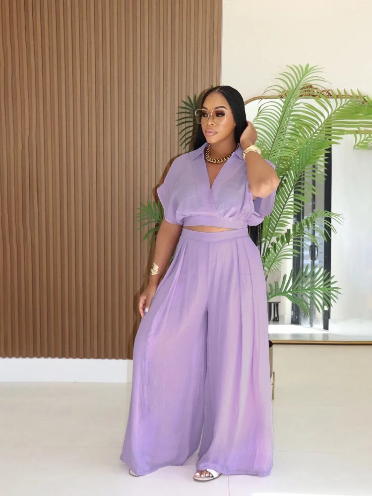 Short Sleeve Collarless Top & High-Waist Wide-Leg Pants
