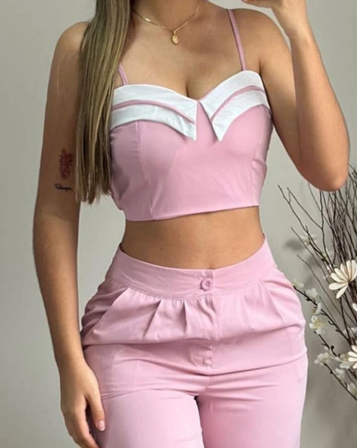 Sexy Elegant Crop Cami Top & Ruched Pocket Design Pants Set