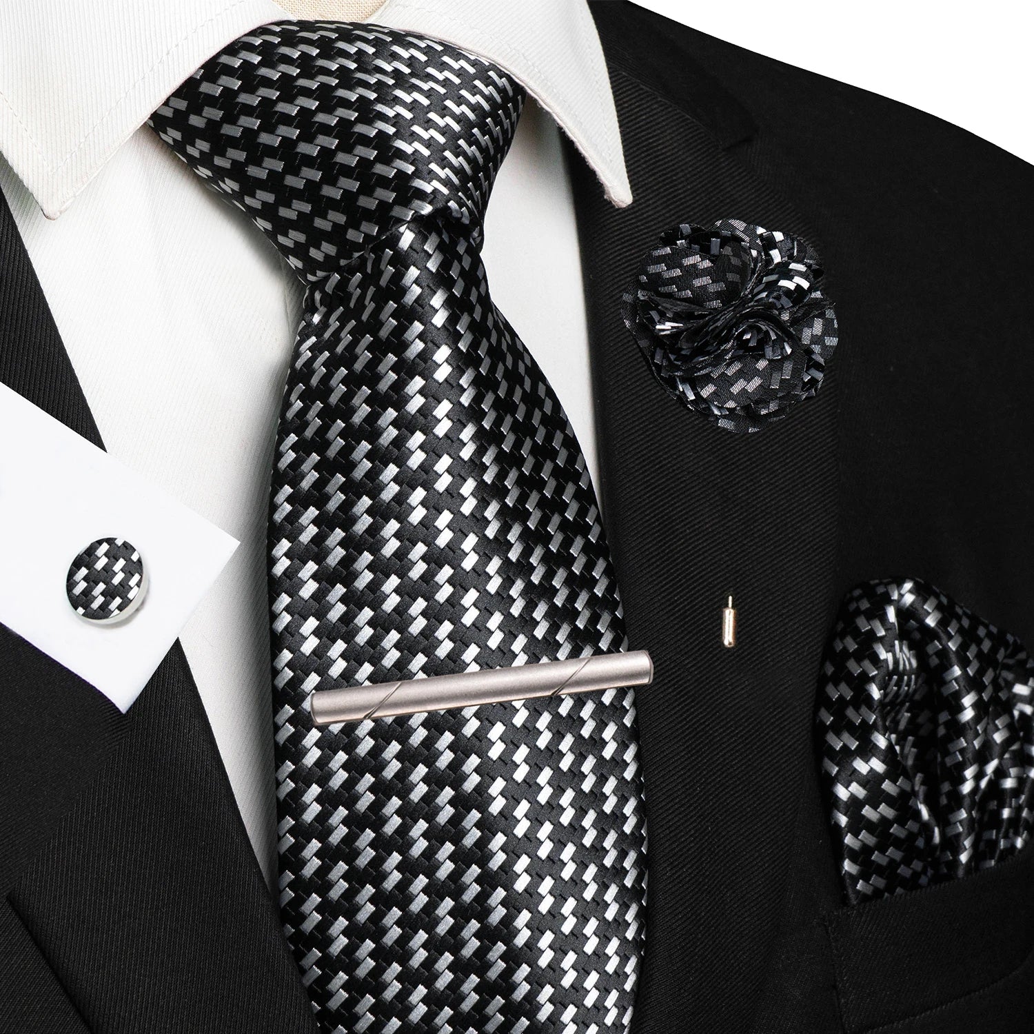 Brown Yellow Plaid Silk Tie Set for Men