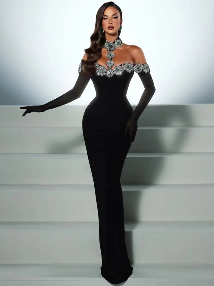 Celebrity Sexy Diamonds Crystal Black Maxi Long Bodycon Elegant Dress