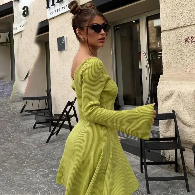 Knitted Off Shoulder V Neck Mini Dress