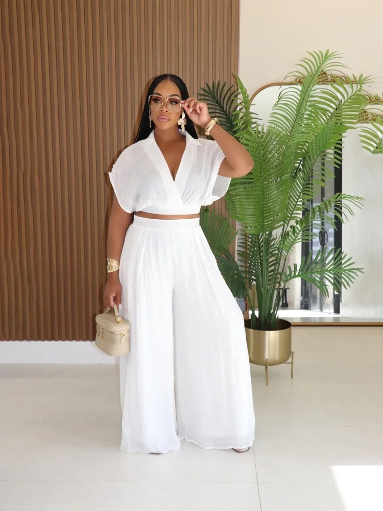 Short Sleeve Collarless Top & High-Waist Wide-Leg Pants