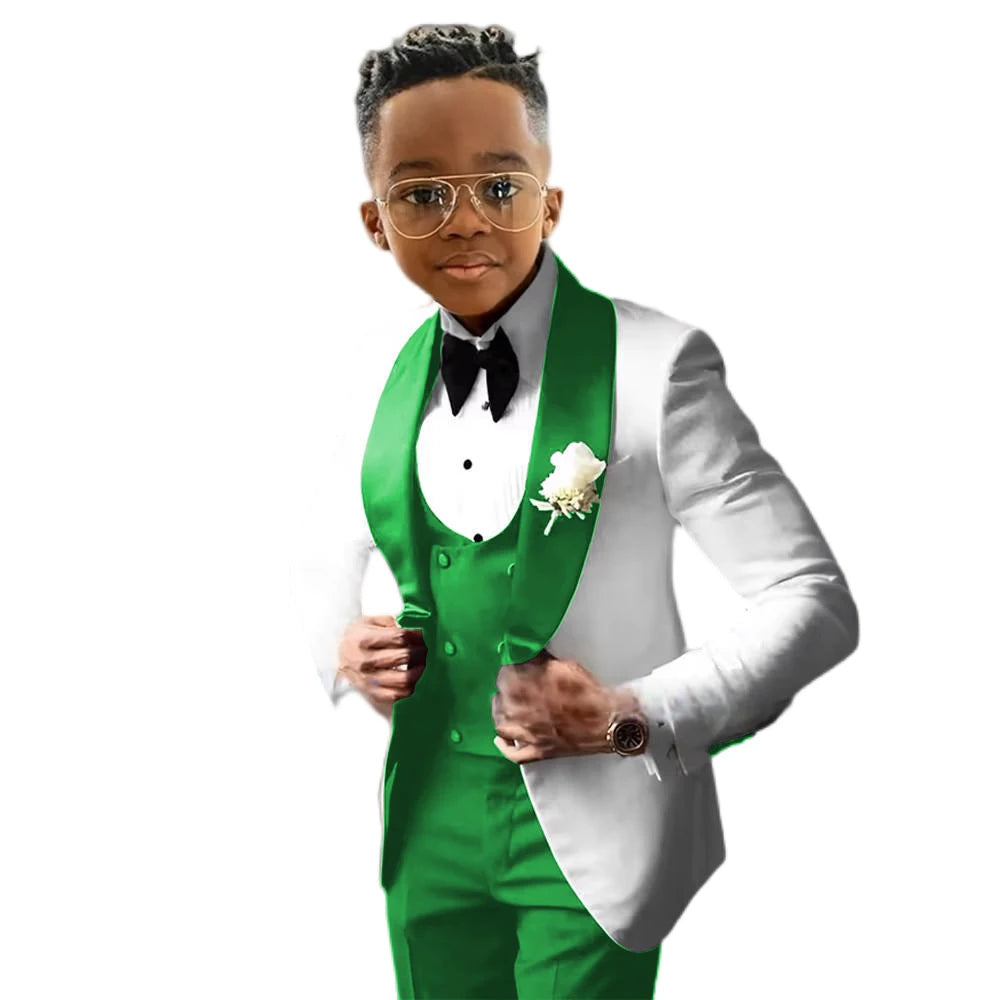 Suit for Boys Wedding Tuxedo – 3 Piece White Jacket, Royal Blue Pants &amp; Vest | Slim Fit Tailored Kids Blazer Set