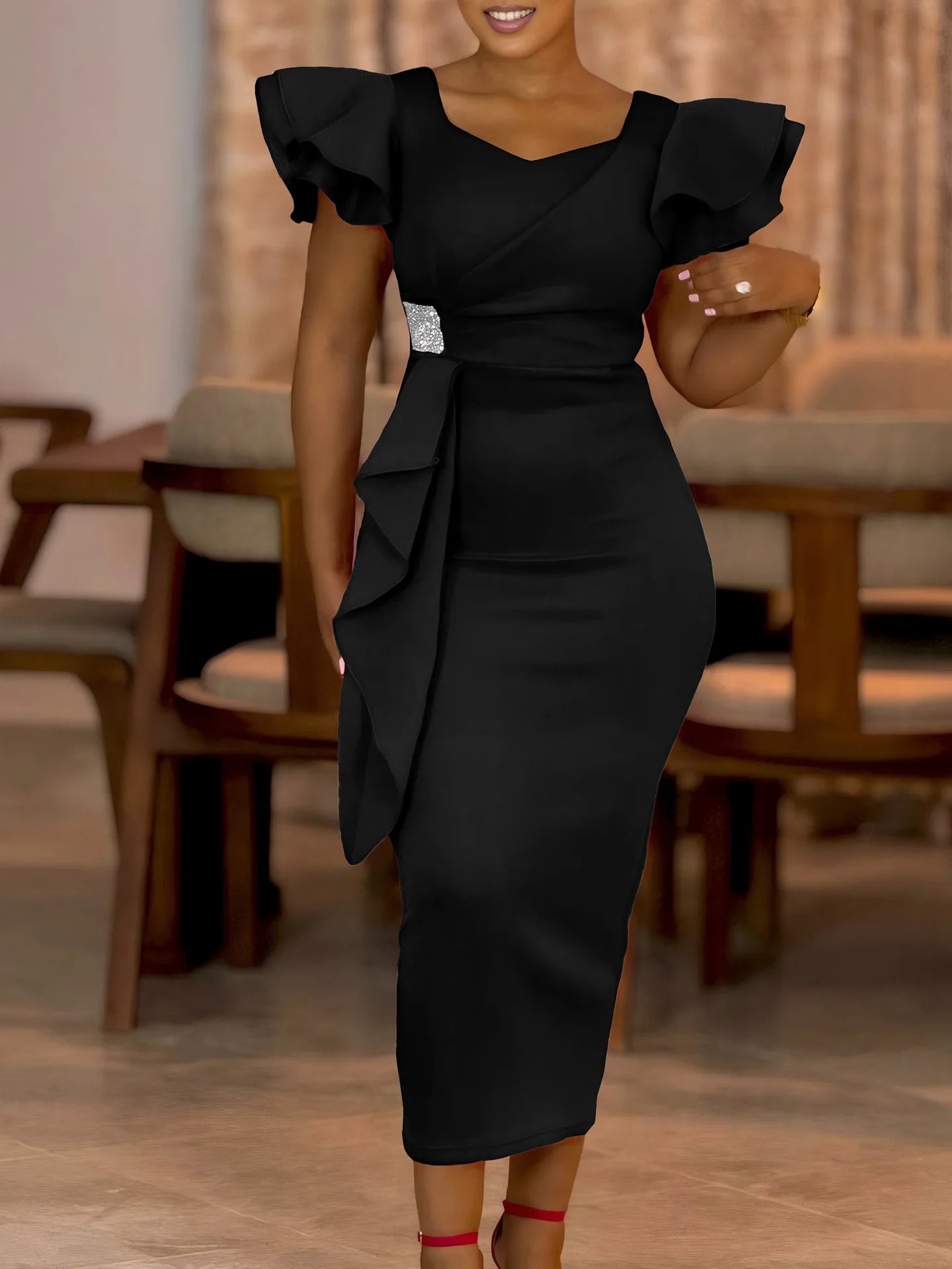 Elegant Ruffled Solid Color  Mid-Length Dress
