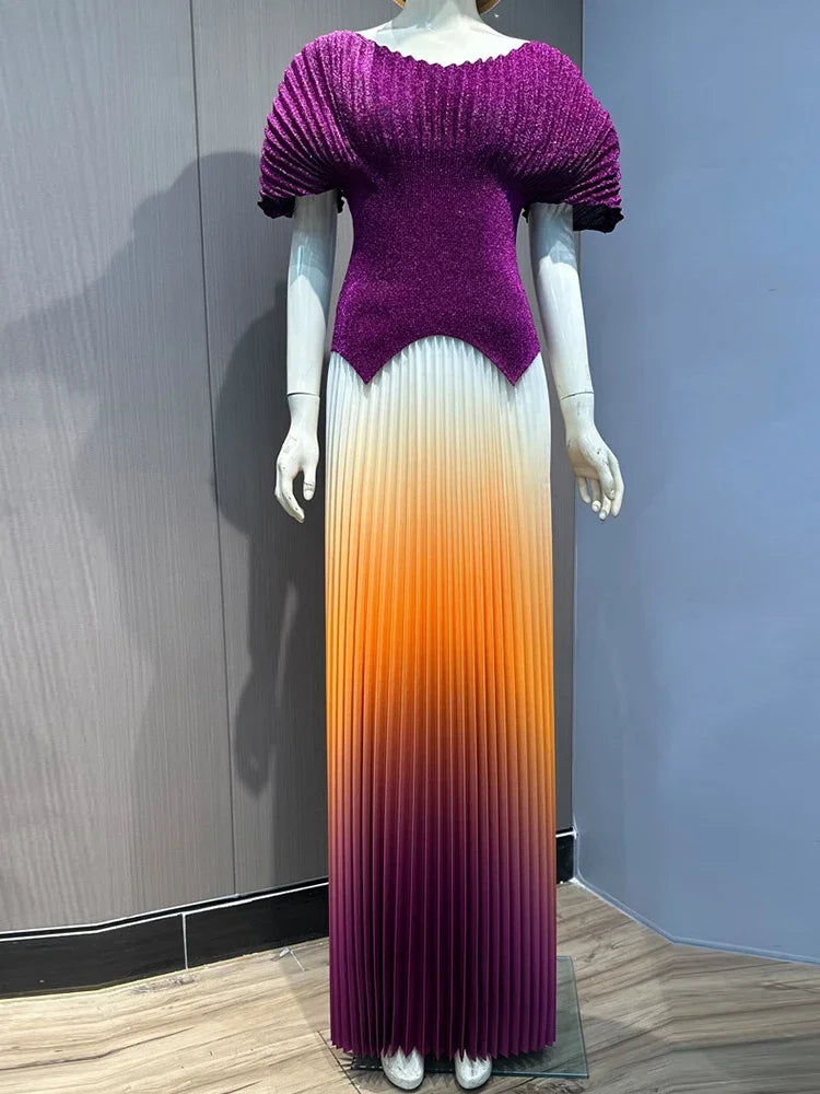 Fashion V Neck Short Batwing Sleeves Irregular Hem T-shirt & New Gradient A-line Folds Long Skirt