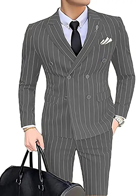 Double-breasted Wedding Groomman Pinstripe Notched Lapel For  (Blazer+Pants)
