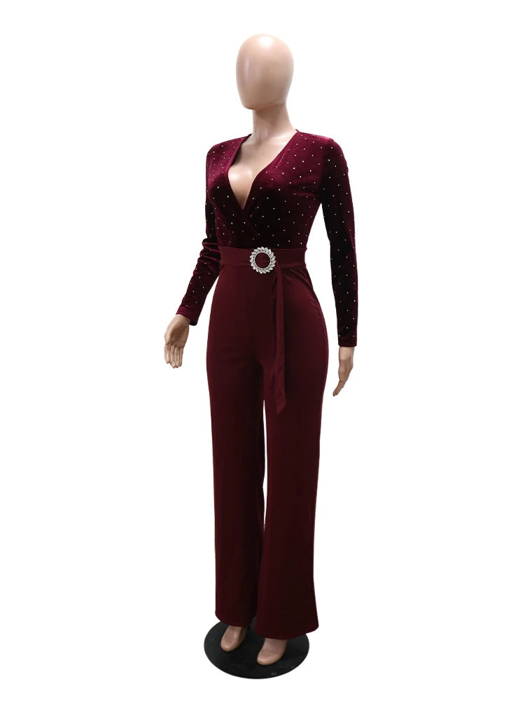Sexy Velvet Patchwork Deep V Neck Flare Jumpsuits