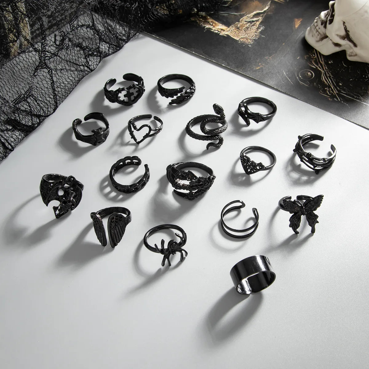 Gothic Punk Black Snake Buttefly Spider Bat Heart Rings Set
