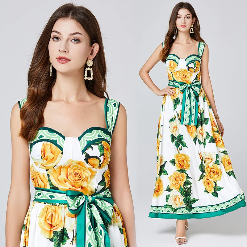Summer Holiday Midi Floral Sexy Backless A Line Big Hem Yellow Rose Print Dress