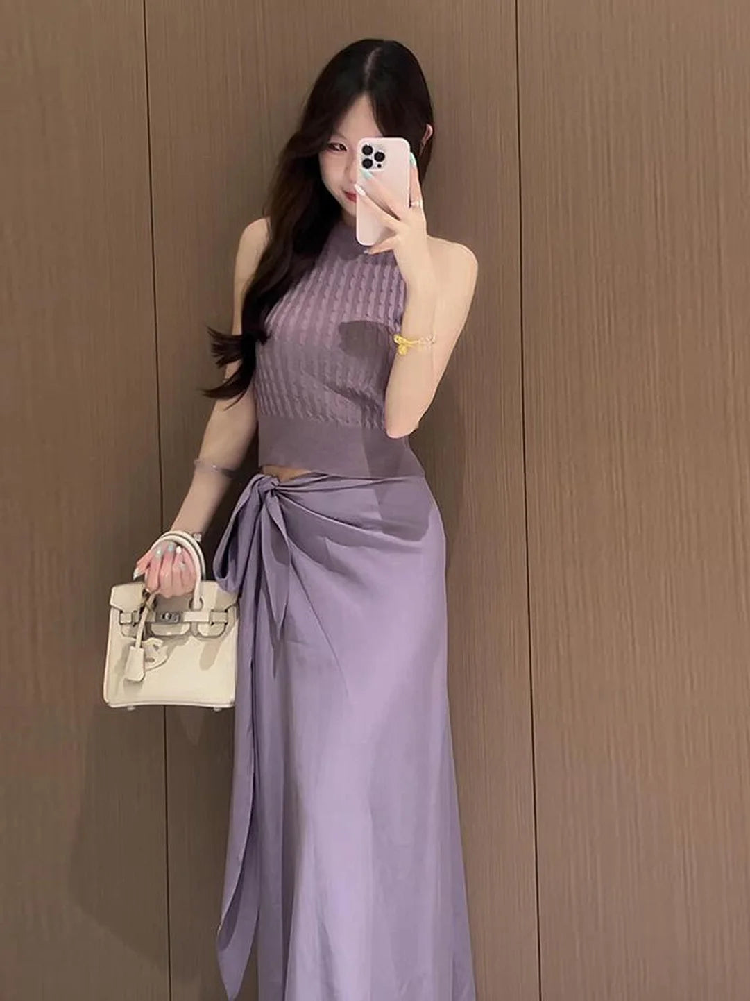 Fashionable Purple Sleeveless Knitted Vest Top with Belt High Waist Skirt Set