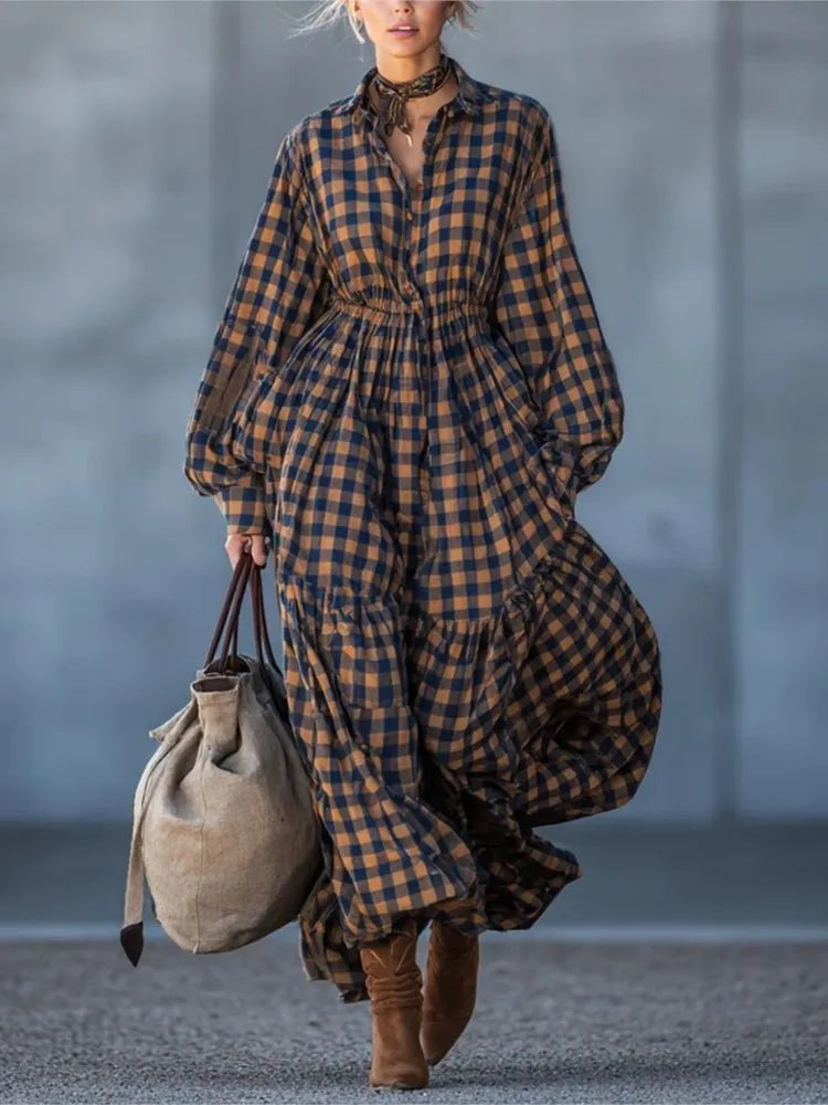 Casual Plaid Maxi Shirt Dress