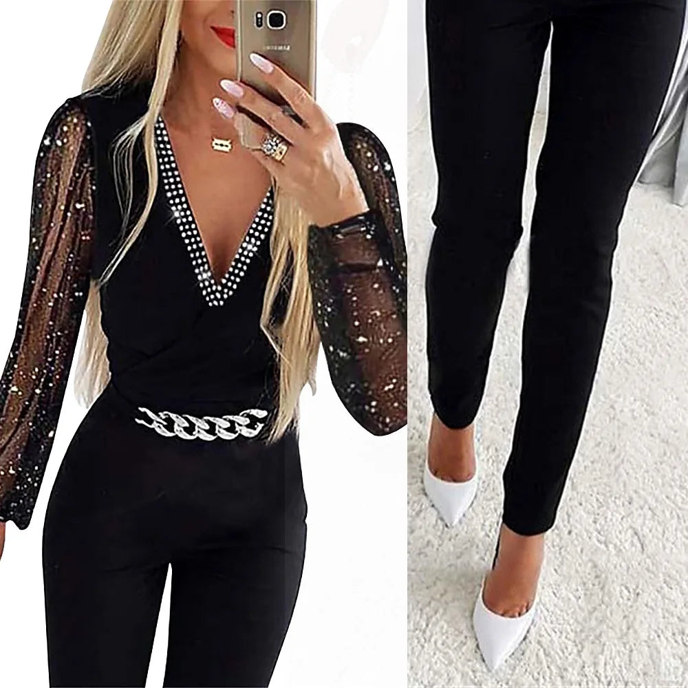 V Neck Full Sleeve Tight High Waist Overalls Casual Sheath Long Pencil Jumper