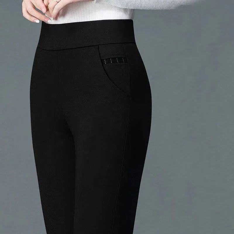 Spring and Summer High Waist Solid Print Pocket Patchwork Elastic Slim Elegant Pants