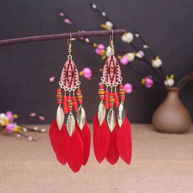Boho Long Feather Dangle Earrings – Handmade Tassel & Enamel Flower Statement Jewelry for Women