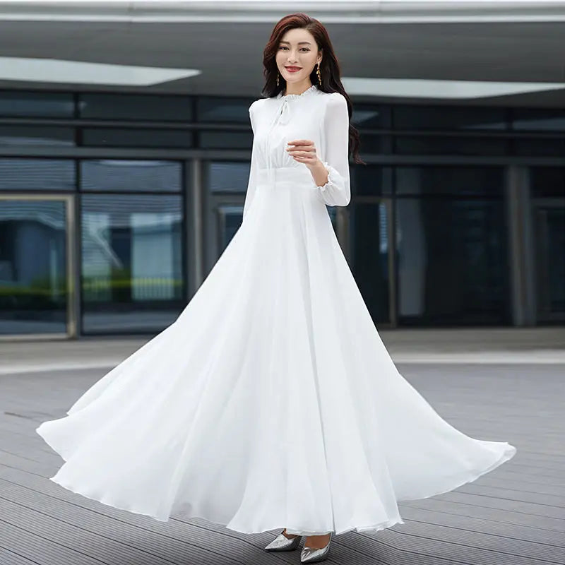 Spring Autumn Fashion Belt Elegant Casual O-neck Long Sleeve Slender Dresses