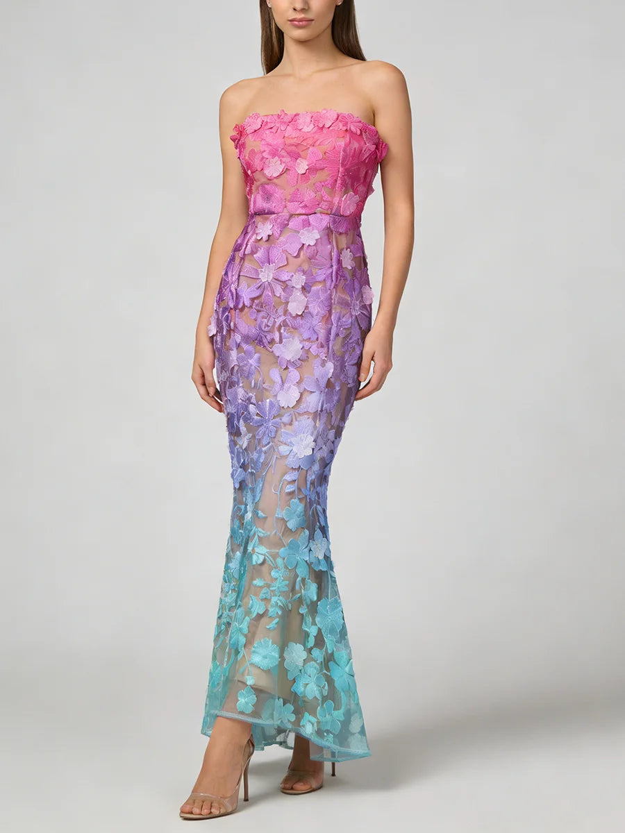 Gradient Spliced Embroidery Strapless Sleeveless Patchwork 3D Flower Long Dresses