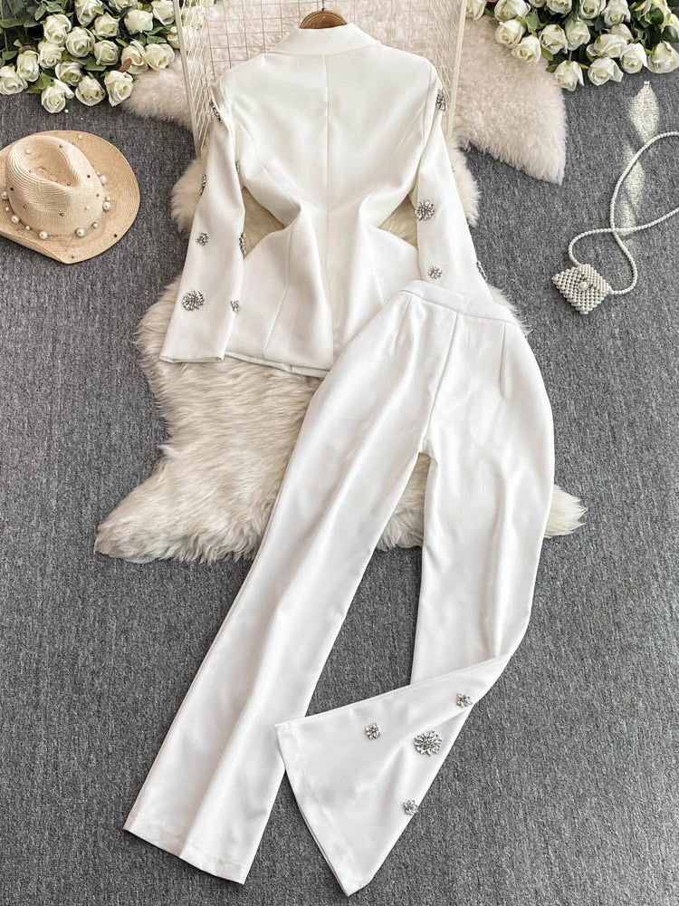 Elegant Diamond-Embellished Two-Piece Suit Set for Women
