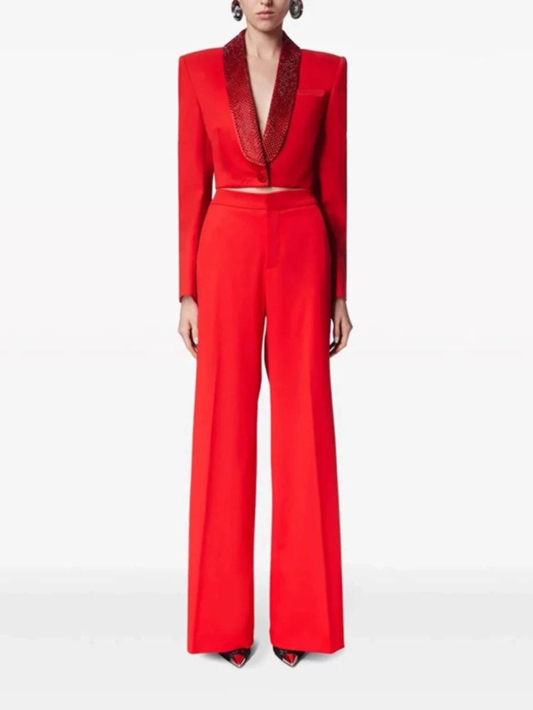 Lapel Long Sleeve Hollow Out Top High Waist Wide Leg Pant Casual Sets