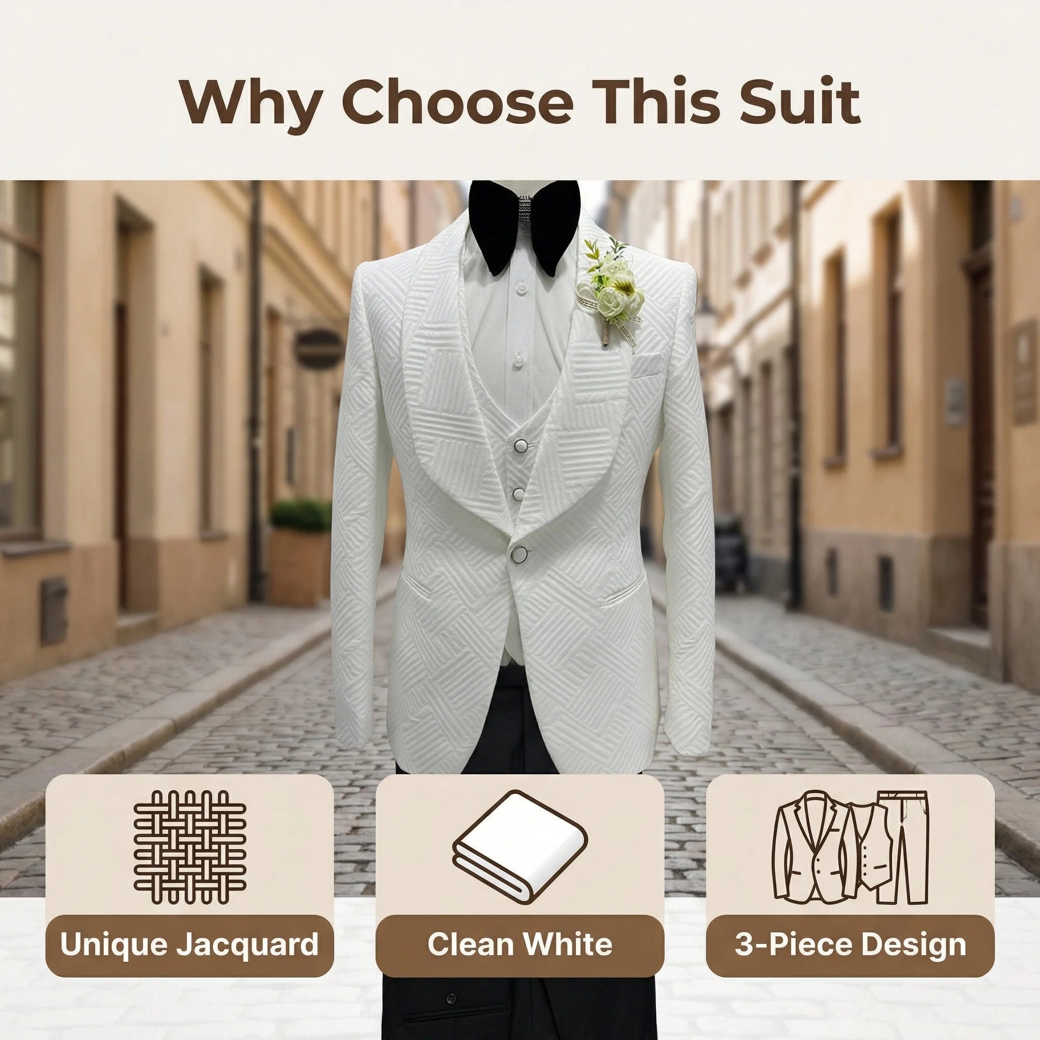3 Pieces High Quality Wedding Suit Set for Groom One Button Shawl Neck Blazer Jacket Vest Pants