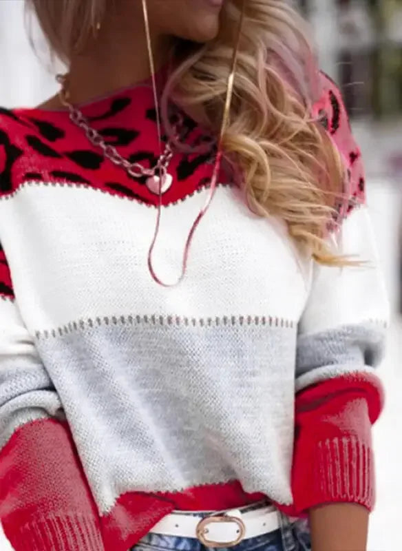 Leopard Print Tops Knitted Mock Neck Full Sleeve Casual Knit Sweater
