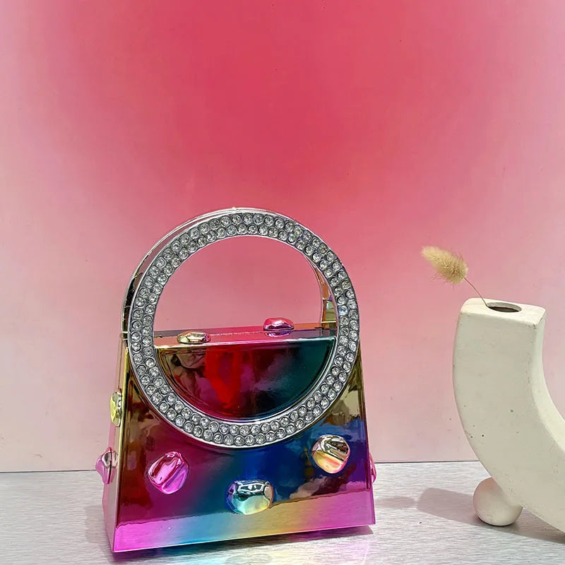 Candy Color Acrylic  Round Handle Diamond Handbag
