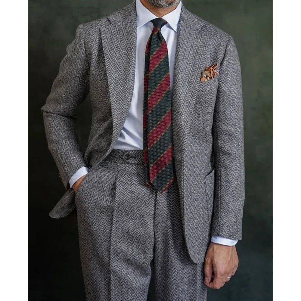 Classic Men’s Three‑Piece Herringbone Suit Set – Blazer, Vest &amp; Pants in Coarse Wool Blend