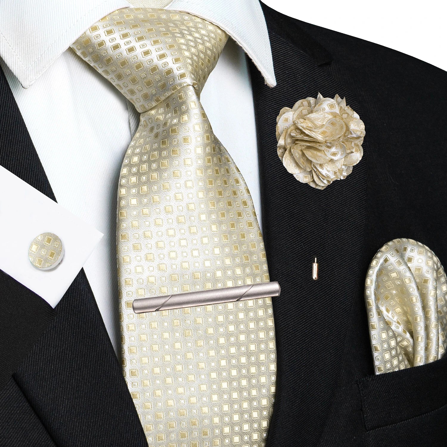 Brown Yellow Plaid Silk Tie Set for Men