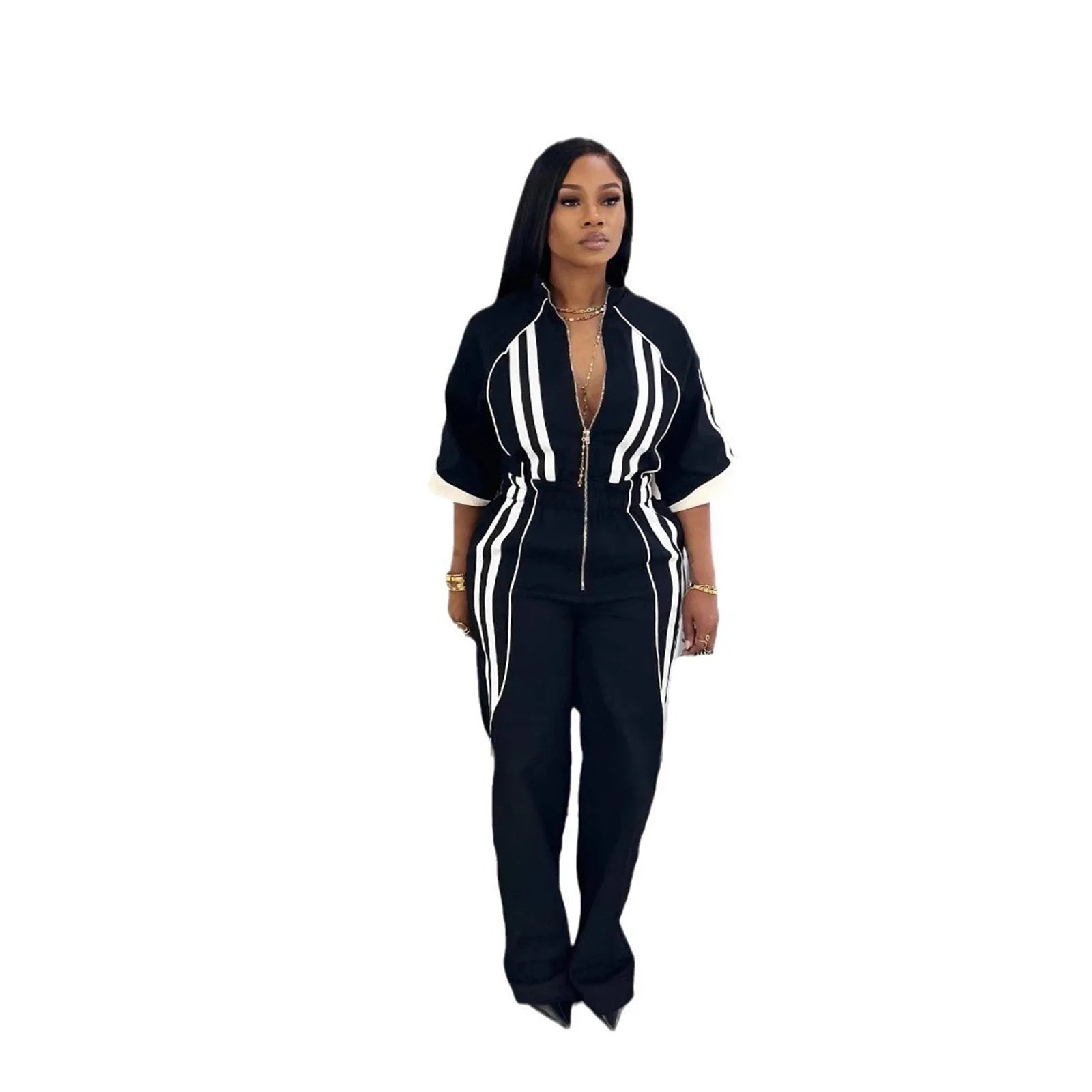 Half Sleeve High Waist Straight Wide Leg Jumpsuits