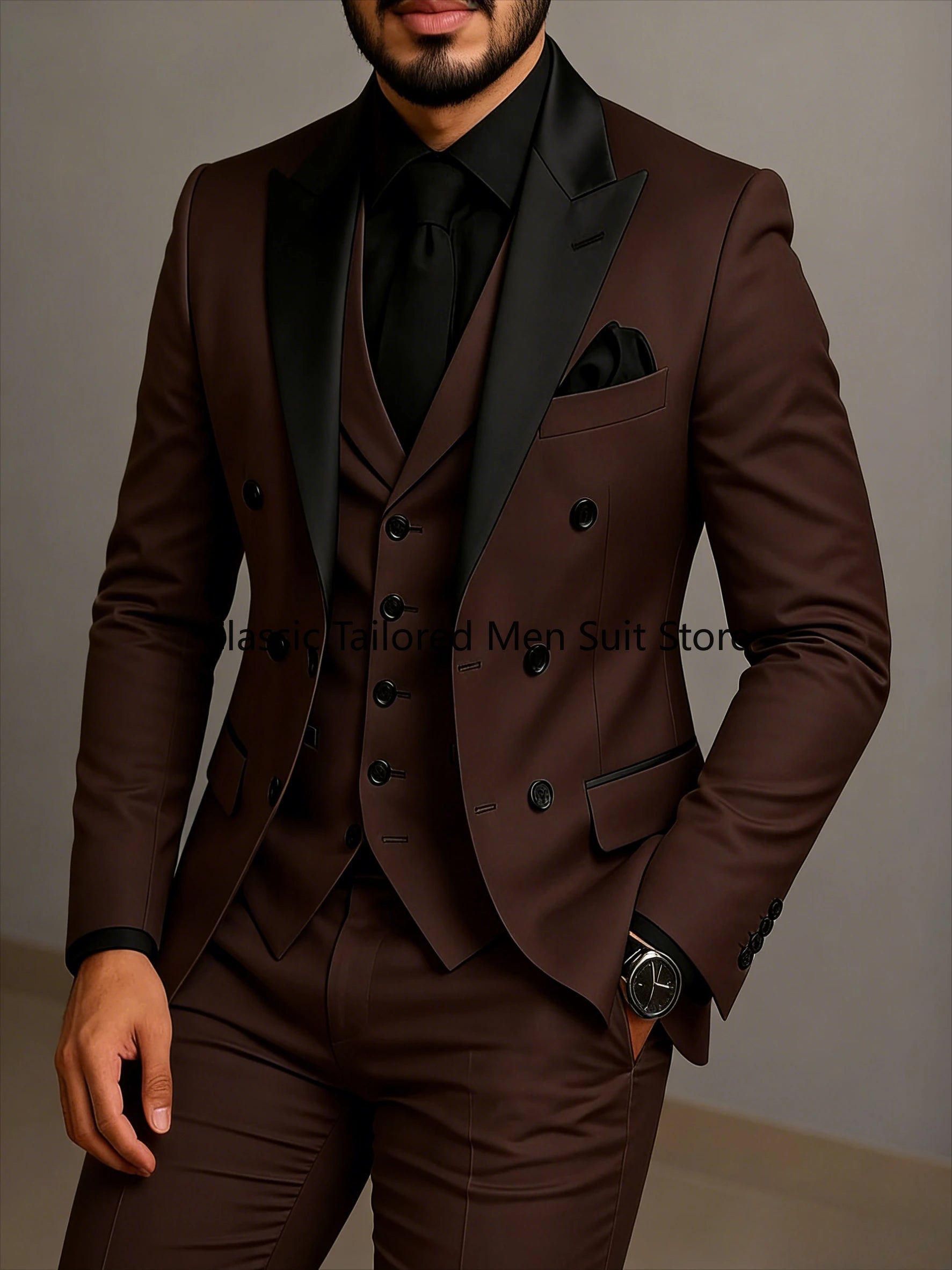 Beige Double Breasted Suit  Black Lapel  Slim Fit Wedding Suit