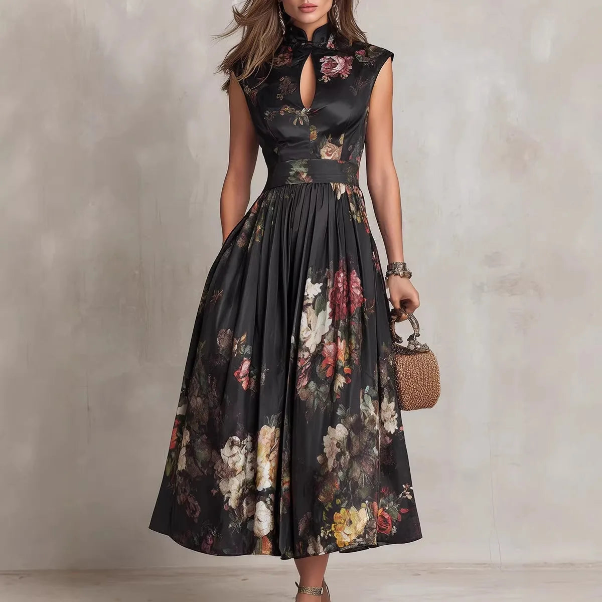 Spring Sleeveless Black Floral Long Dress