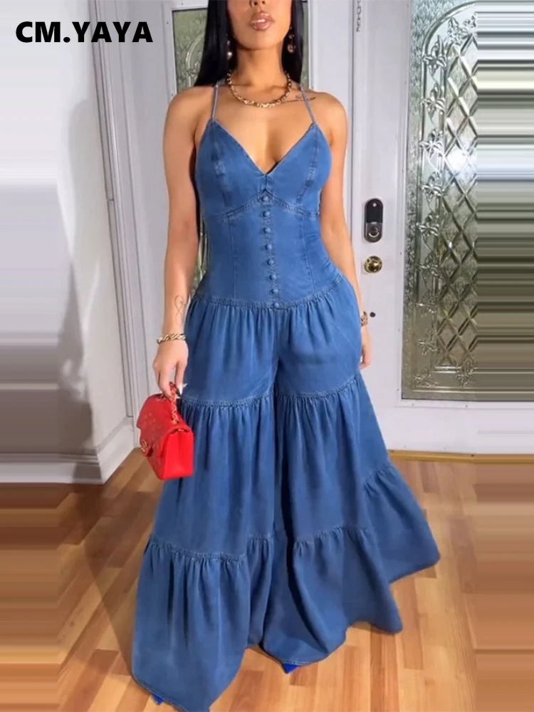 V-neck Strap Sleeveless Wide Leg Jumpsuits