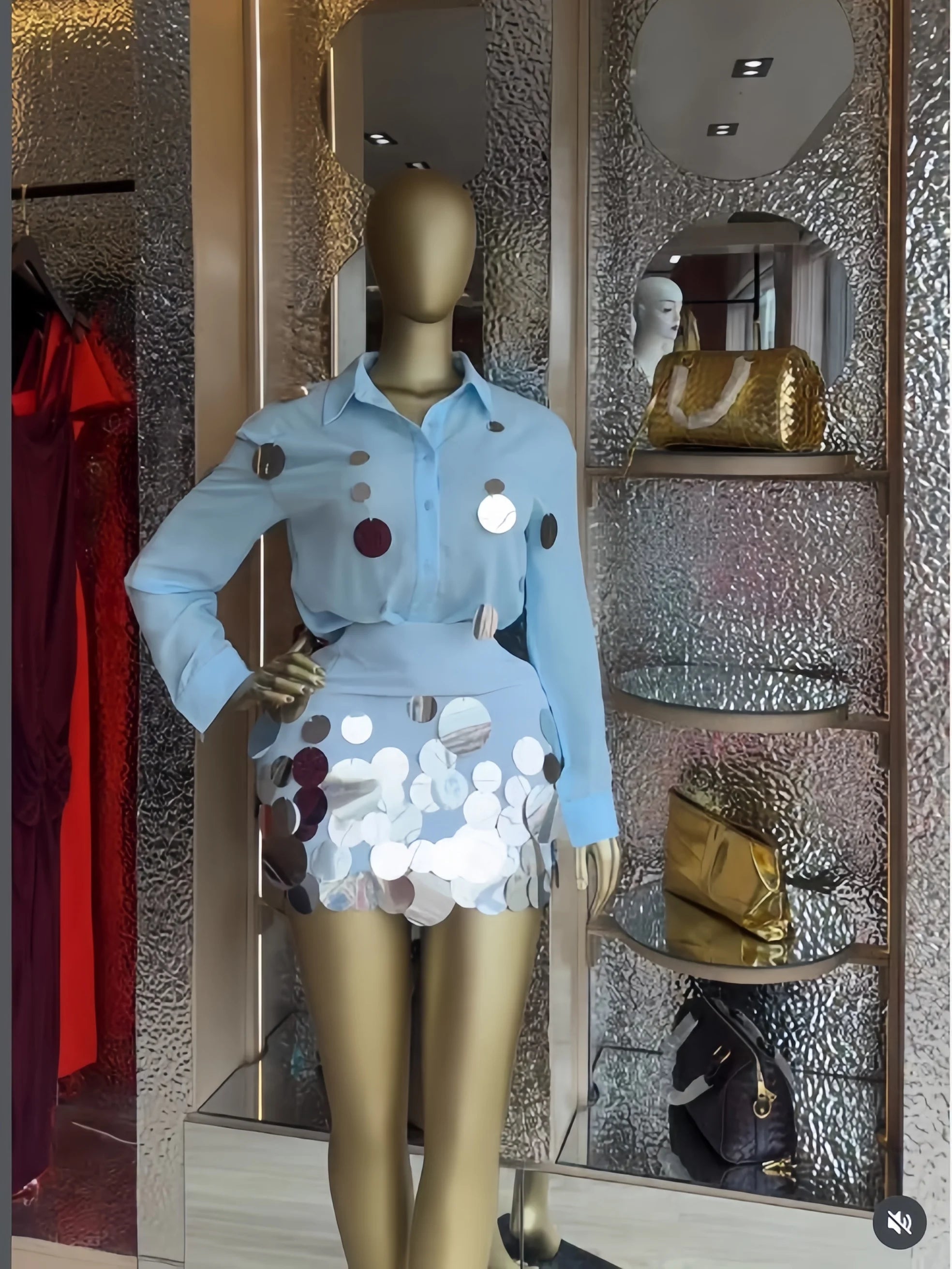Fashion Sequined Splicing  Lapel Collar Shirt and Midi A-line Skirt Suit