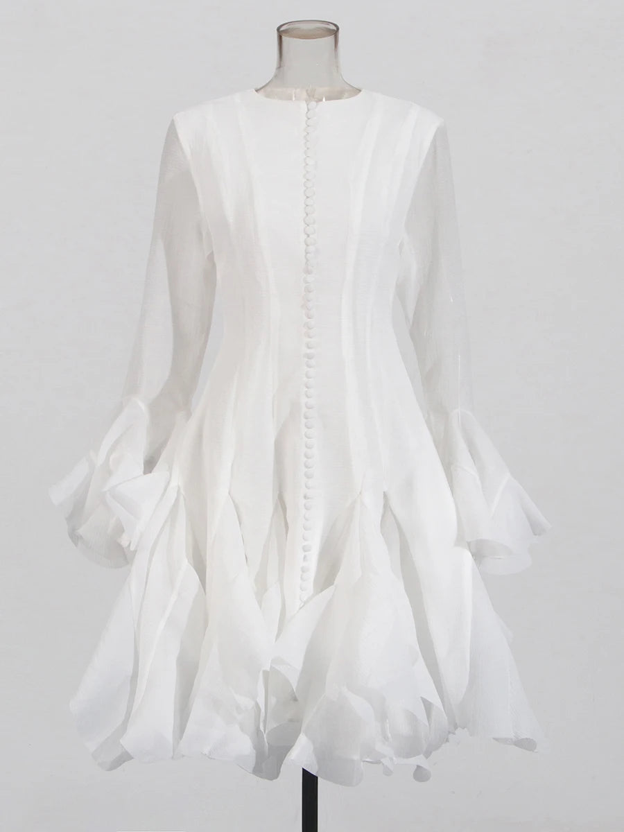 Irregular Pleated Patchwork Fashion Long Lantern Sleeve Waist Cinching Mini Dresses