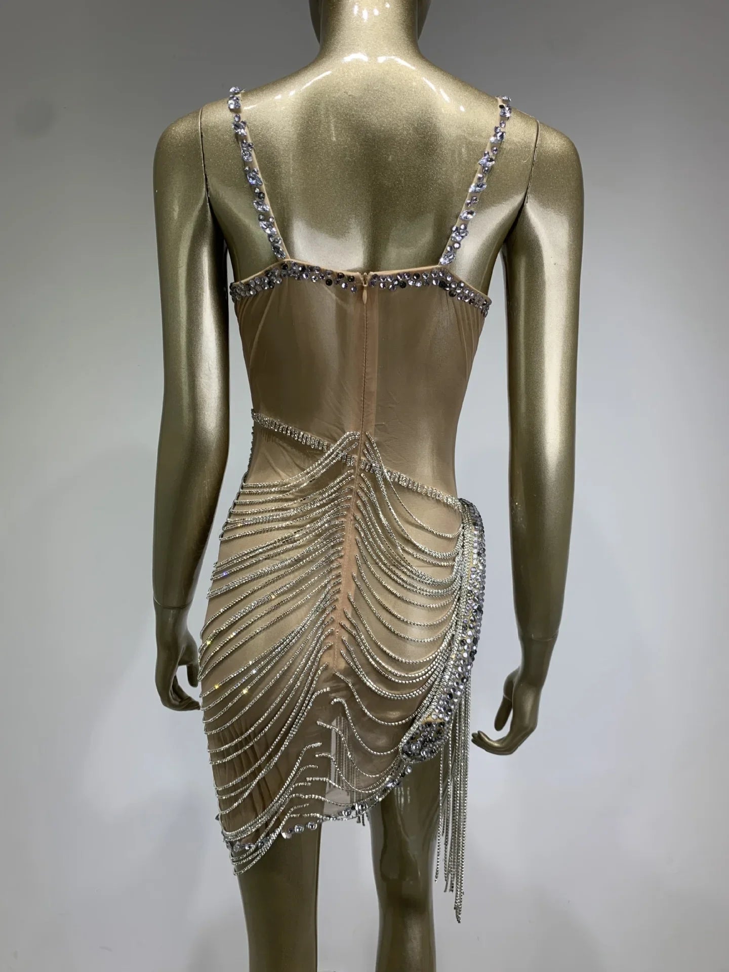 Sexy Strap V Neck Crystal Diamonds Mini Beige Mini Dress
