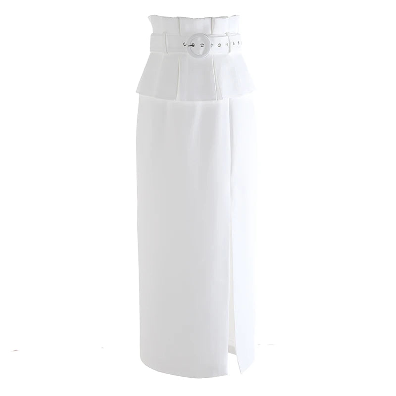 Spring New Wide Ruffled Belt DecorationSolid Color Straight Hight Waist Long Skirts